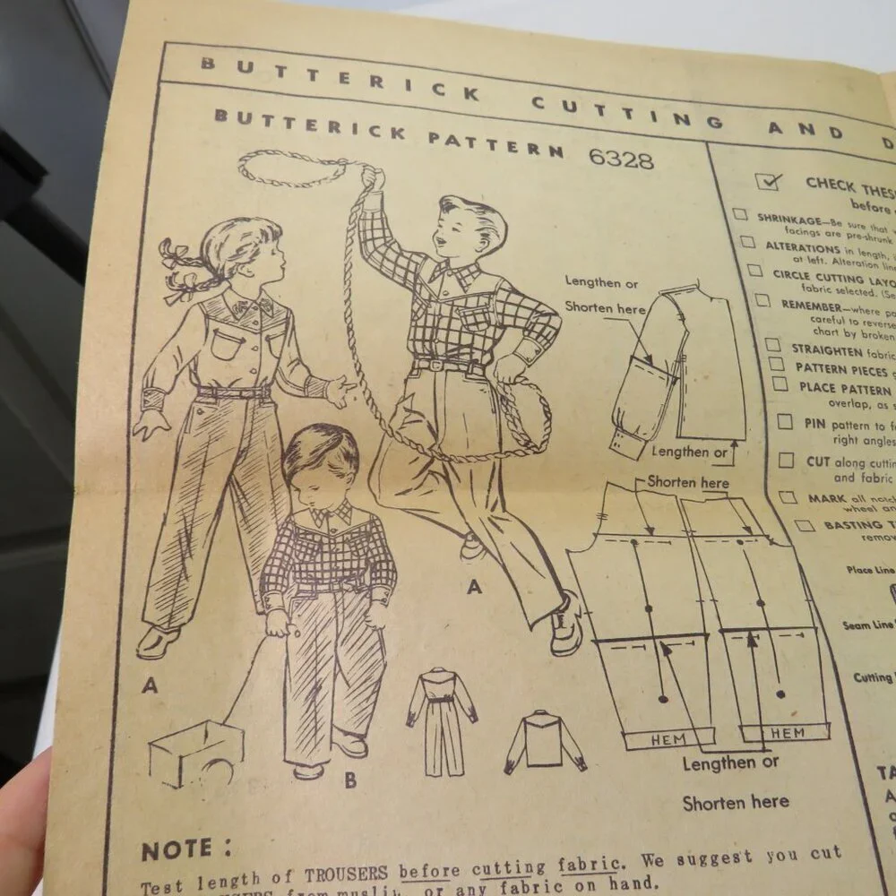 Butterick 6328 sewing pattern kids size 6 Western Shirt & Pants
